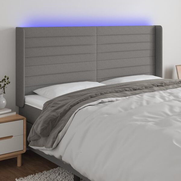 vidaXL Čelo postele s LED tmavosiv&eacute; 163x16x118/128 cm l&aacute;tka