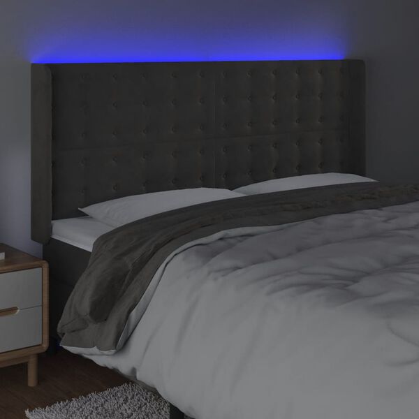 vidaXL Čelo postele s LED tmavosiv&eacute; 163x16x118/128 cm zamat