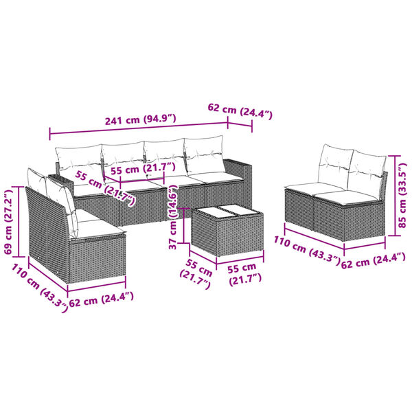 vidaXL 9-dielna záhradná súprava pohoviek s vankúšmi svetlosivá