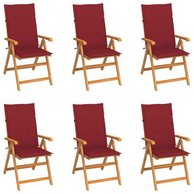 vidaXL Záhradné stoličky 6 ks, vínovo červené podložky, tíkový masív
