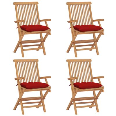 vidaXL Záhradné stoličky s červenými podložkami 4 ks tíkový masív