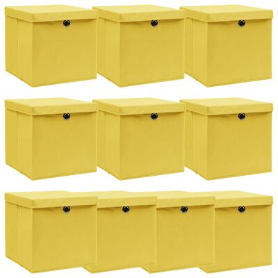 vidaXL Úložné boxy s vekom 10 ks, žlté 32x32x32 cm, látka
