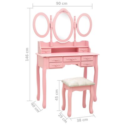 vidaXL Toaletný stolík so stoličkou a 3-dielnym zrkadlom ružový