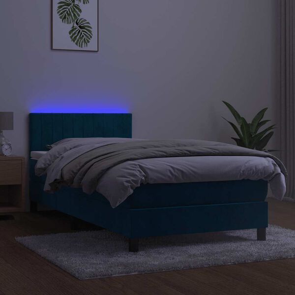 vidaXL Posteľn&yacute; r&aacute;m boxsping matrac a LED tmavomodr&yacute; 90x190 cm zamat