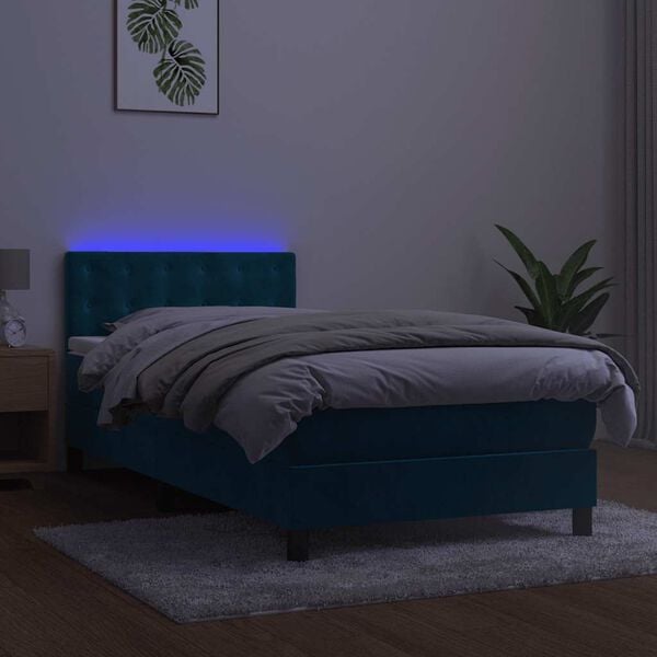 vidaXL Posteľn&yacute; r&aacute;m boxsping matrac a LED tmavomodr&yacute; 90x190 cm zamat