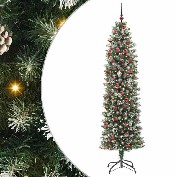 vidaXL Umelý chudý vianočný strom s 300 LED-i Zelená a biela 210 cm