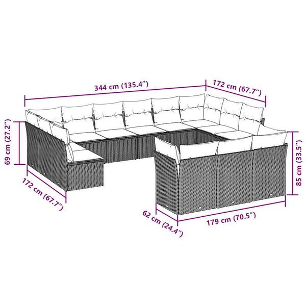 vidaXL 13-dielna záhradná sedacia súprava s vankúšmi polyratanová
