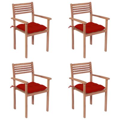 vidaXL Záhradné stoličky 4 ks červené podložky teakový masív