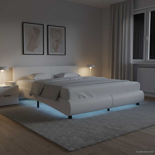 vidaXL Posteľný rám s LED, biely, umelá koža 180x200 cm