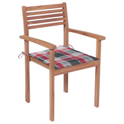 vidaXL Záhradné stoličky 4 ks červené kockované podložky teakový masív