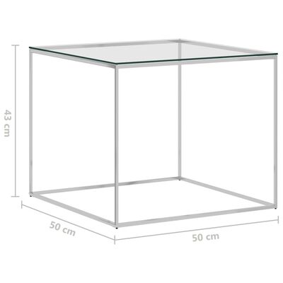 vidaXL Konferenčný stolík strieborný 50x50x43 cm nehrdzavejúca oceľ a sklo