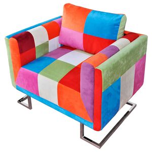 vidaXL Kreslo v tvare kocky s chr&oacute;mov&yacute;mi nohami, patchwork, l&aacute;tka