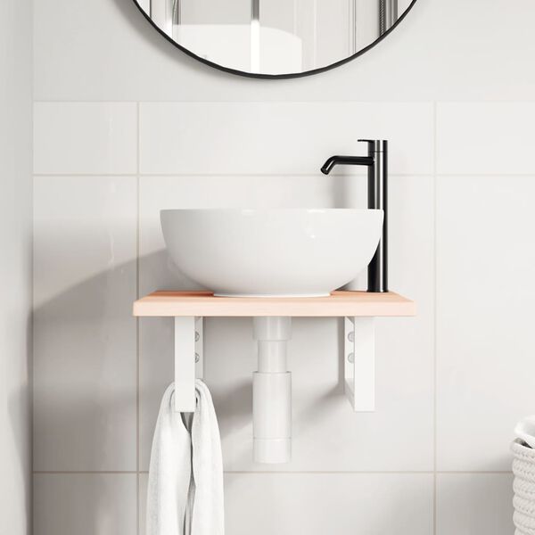 vidaXL Polica pod umývadlo, nástenná, oceľ a dubový masív