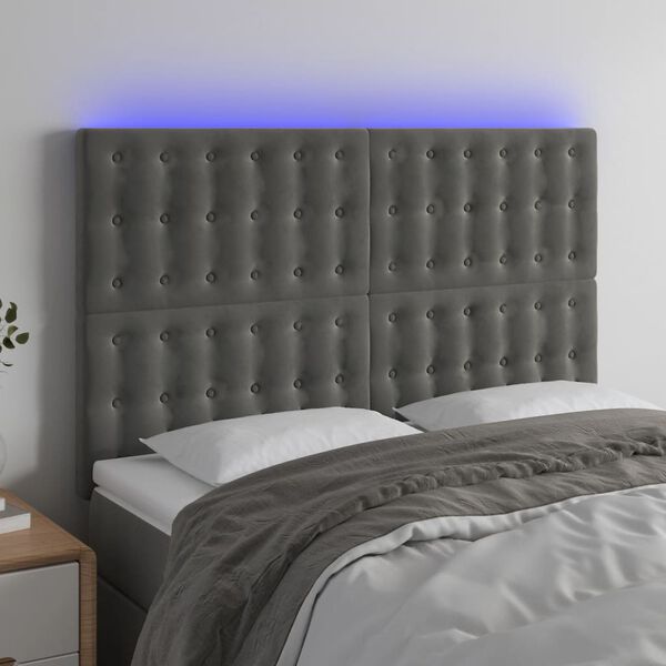 vidaXL Čelo postele s LED tmavosiv&eacute; 144x5x118/128 cm zamat