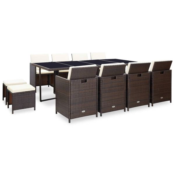 vidaXL 13-dielna vonkajšia jedálenská súprava s vankúšmi polyratan hnedá