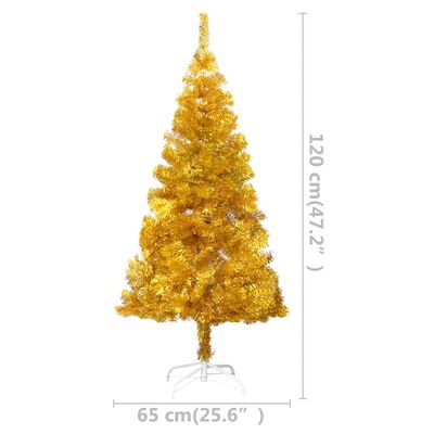 vidaXL Osvetlený umelý vianočný stromček s guľami, zlatý 120 cm, PET