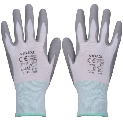 vidaXL Pracovné rukavice z PU, 24 párov, veľkosť 8/M, bielo-sivé