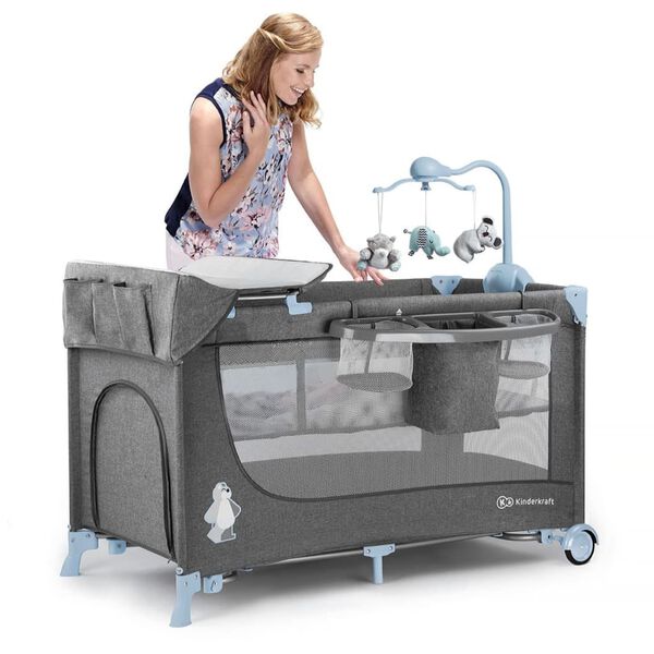 Kinderkraft Skladacia detsk&aacute; postieľka JOY s pr&iacute;slu&scaron;enstvom modro-siv&aacute;