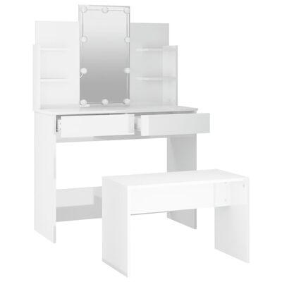 vidaXL Sada toaletného stolíka s LED lesklá biela spracované drevo