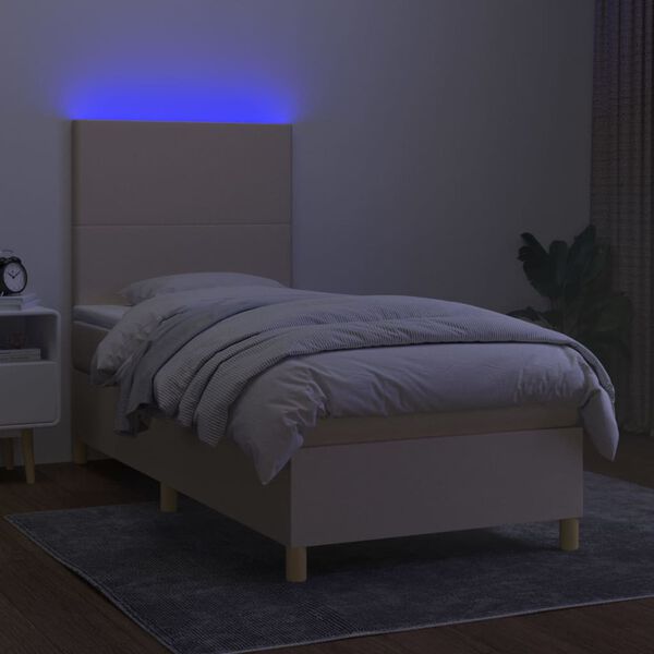 vidaXL Posteľ boxsping s matracom a LED krémová 100x200 cm látka