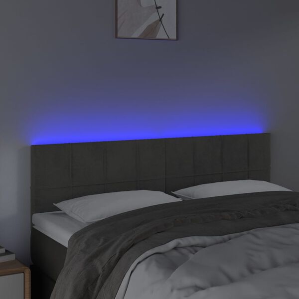 vidaXL Čelo postele s LED tmavosiv&eacute; 144x5x78/88 cm zamat