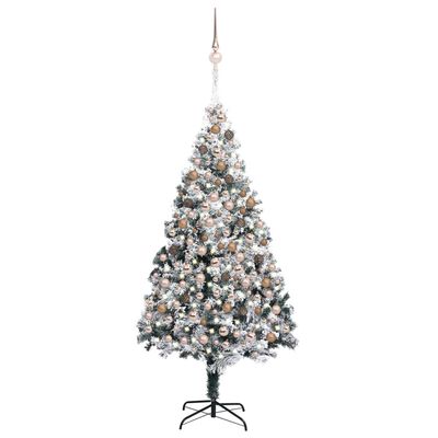 vidaXL Osvetlený umelý vianočný stromček s guľami, zelený 210 cm, PVC