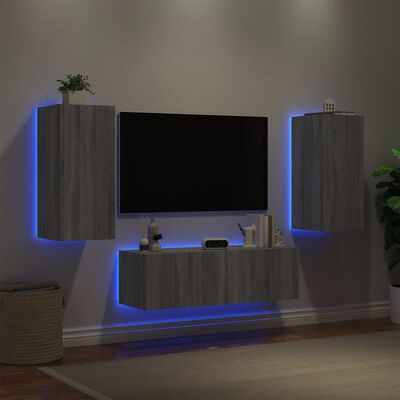 vidaXL 3-dielne TV nástenné skrinky s LED svetlami sivý dub sonoma