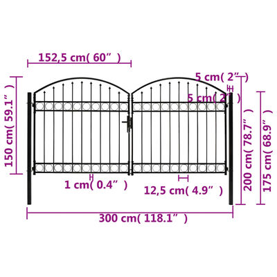 vidaXL Dvojkrídlová plotová brána s oblúkom, oceľ 300x150 cm, čierna