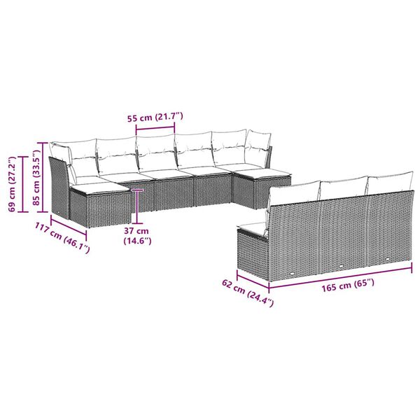 vidaXL 10-dielna z&aacute;hradn&aacute; sedacia s&uacute;prava s vank&uacute;&scaron;mi polyratanov&aacute; siv&aacute;