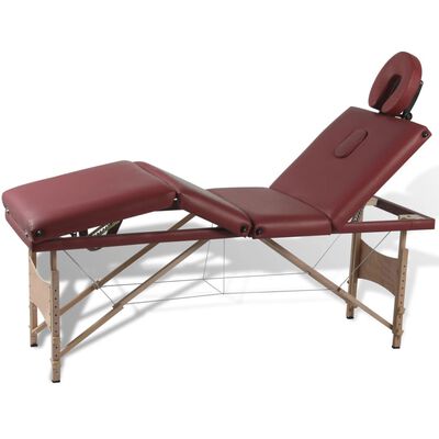 Červený skladací masážny stôl so 4 zónami a dreveným rámom