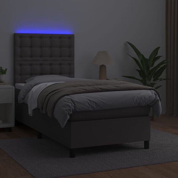 vidaXL Boxspring posteľ s matracom a LED siv&aacute; 90x200 cm umel&aacute; koža