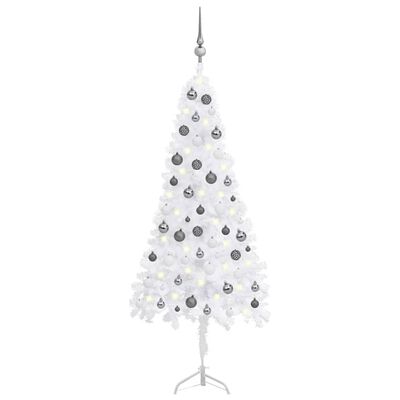 vidaXL Rohový umelý vianočný stromček s LED a guľami biely 150 cm PVC