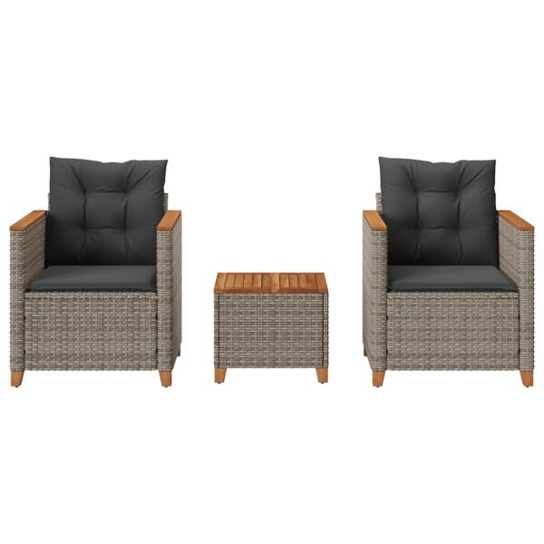 vidaXL 3-diel. bistro súprava s vankúšmi sivá polyratan akáciové drevo