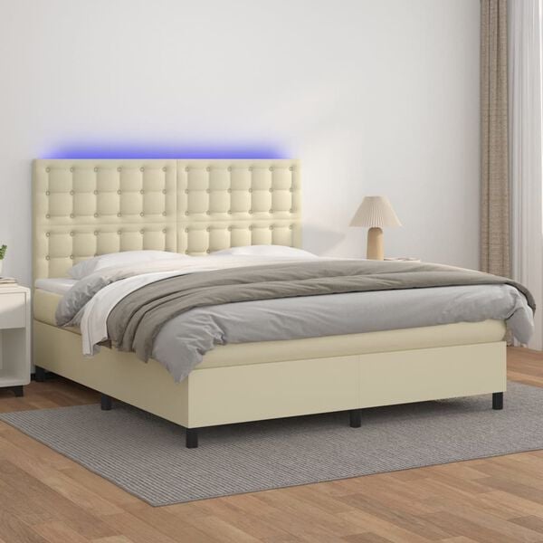 vidaXL Boxspring posteľ s matracom a LED kr&eacute;mov&aacute; 180x200 cm umel&aacute; koža