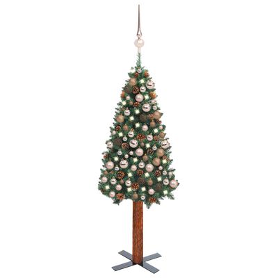 vidaXL Úzky osvetlený vianočný stromček s guľami, zelený 180 cm, PVC
