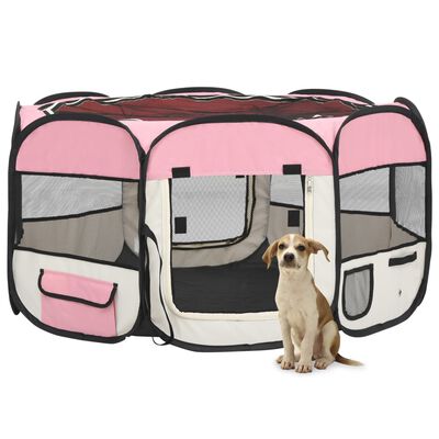 vidaXL Skladacia ohrádka pre psa s prenosnou taškou ružová 125x125x61 cm
