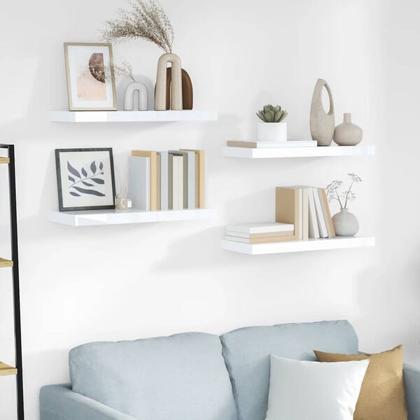 vidaXL Pl&aacute;vaj&uacute;ce n&aacute;stenn&eacute; police 4 ks, leskl&eacute; biele 60x23,5x3,8cm, MDF