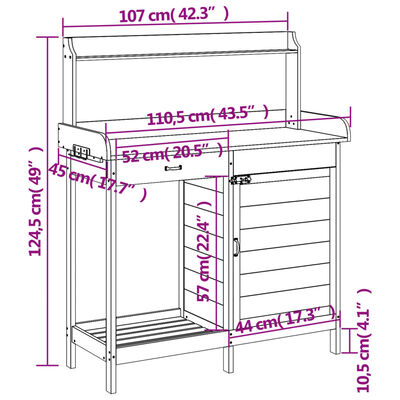 vidaXL Stôl na presádzanie so skrinkou sivý 110,5x45x124,5 cm jedľa
