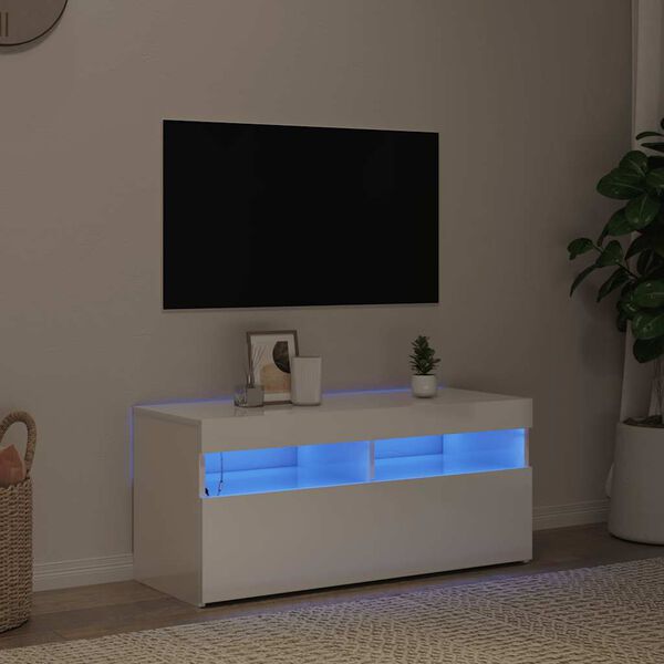 vidaXL TV skrinka s LED svetlami lesklá biela 90x35x40 cm