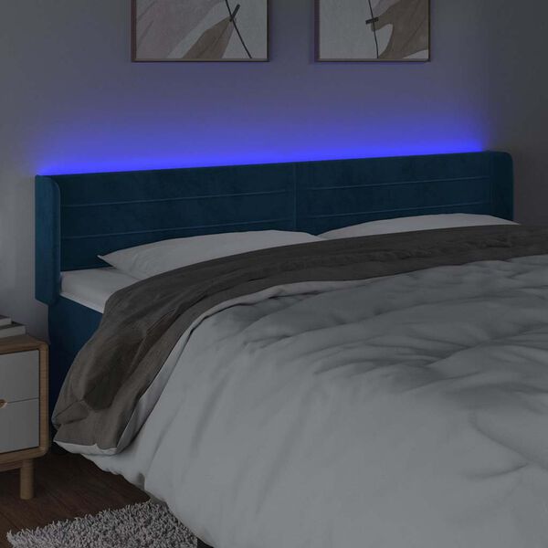 vidaXL Čelo postele s LED tmavomodr&eacute; 203x16x78/88 cm zamat