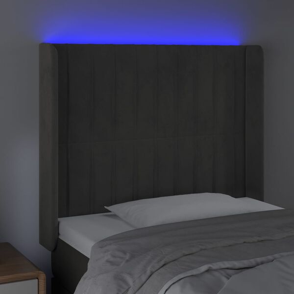 vidaXL Čelo postele s LED tmavosivé 83x16x118/128 cm zamat