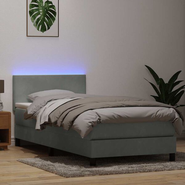 vidaXL Box Spring Posteľ s matracom a LED Svetlosiv&aacute; 90x210 cm Zamat