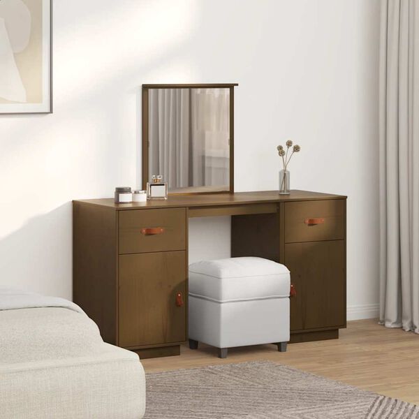 vidaXL Súprava toaletného stolíka s LED medovohnedá masívna borovica