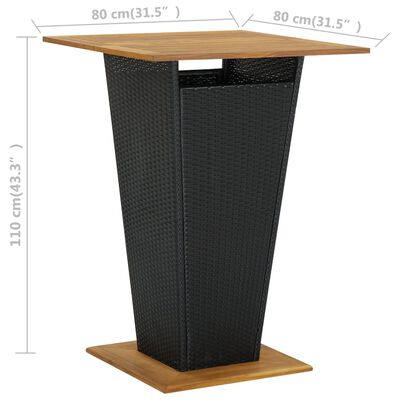 vidaXL Barový stôl čierny 80x80x110 cm polyratan a akáciový masív