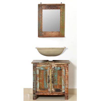 Kúpeľňový nábytok z recyklovaného dreva: skrinka pod umývadlo, zrkadlo