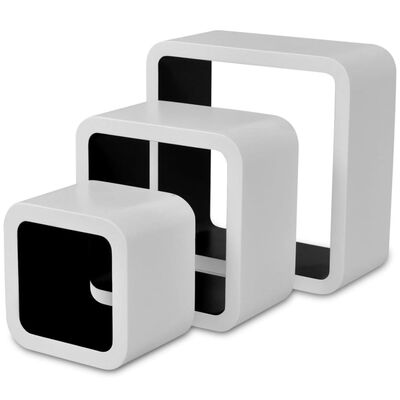 3 bielo čierne nástenné police v tvare kocky na knihy/DVD, MDF