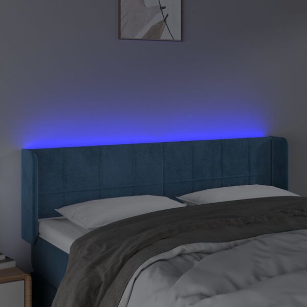 vidaXL Čelo postele s LED tmavomodr&eacute; 147x16x78/88 cm zamat