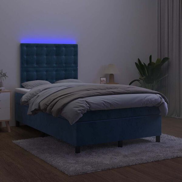 vidaXL Boxspring posteľ s matracom a LED, tmavomodr&aacute; 120x190 cm, zamat