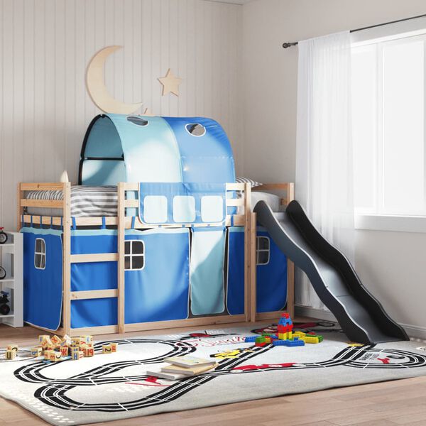 vidaXL Poschodová posteľ šmykľavka a závesy modrá 90x190 cm