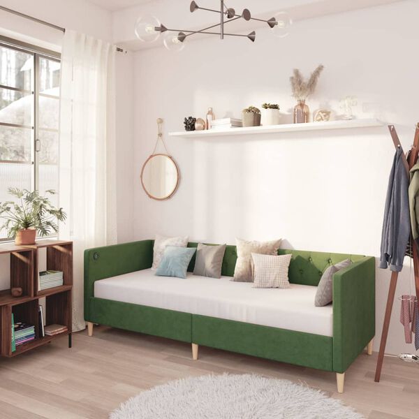 vidaXL Pohovka s matracom a USB tmavozelen&aacute; l&aacute;tkov&aacute; 90x200 cm